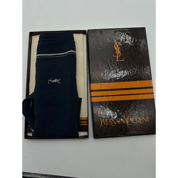 YSL yves st laurent silk Navy Logo scarf vintage box Minimalist boarder square - Picture 8 of 11